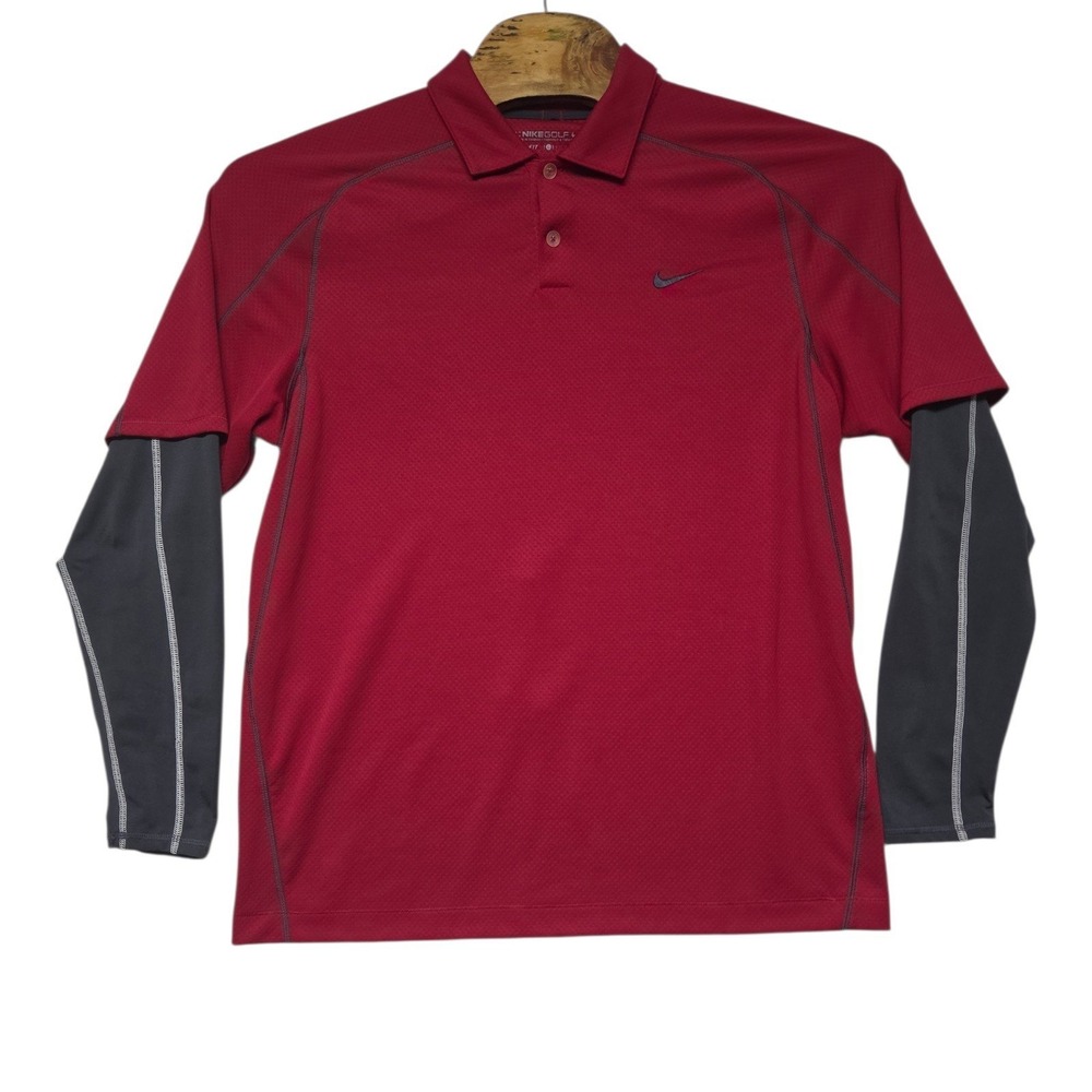 Nike Golf Dri-FIT Double Layer Polo Shirt Mens Large Red Grey Long Sleeve L
